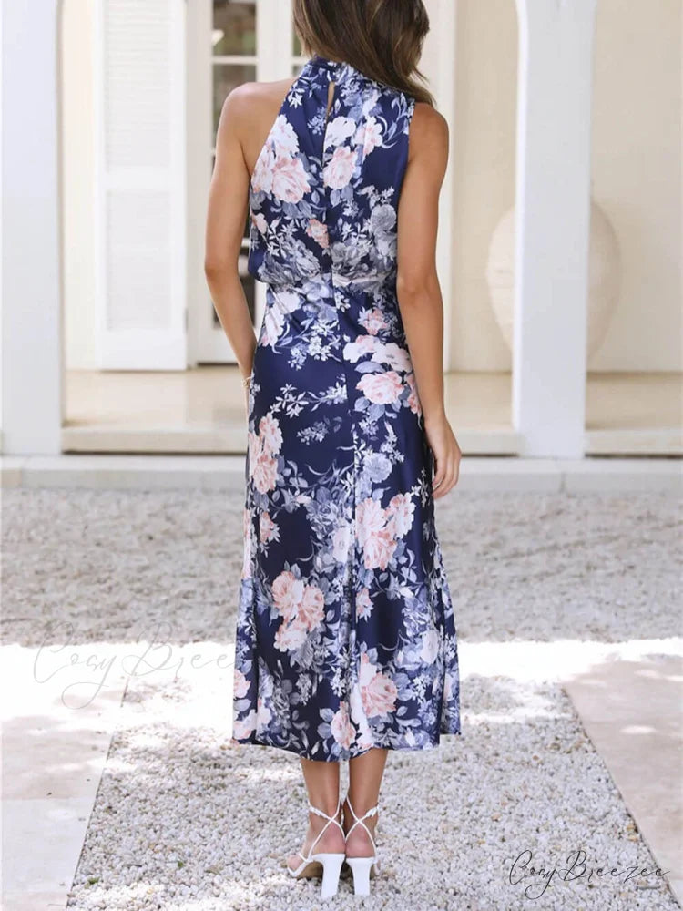 Floral Halter Neck Charming Elastic Waist Maxi Dress