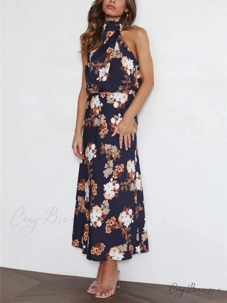 Floral Halter Neck Charming Elastic Waist Maxi Dress