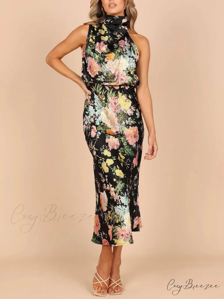 Floral Halter Neck Charming Elastic Waist Maxi Dress