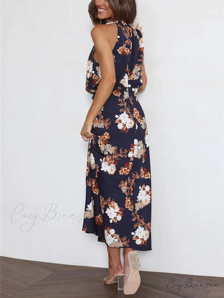 Floral Halter Neck Charming Elastic Waist Maxi Dress