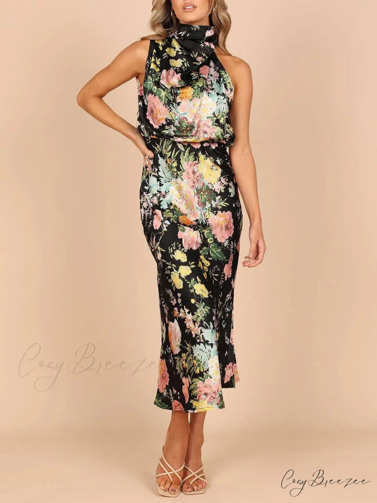 Floral Halter Neck Charming Elastic Waist Maxi Dress
