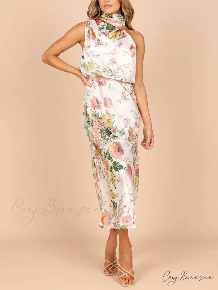 Floral Halter Neck Charming Elastic Waist Maxi Dress