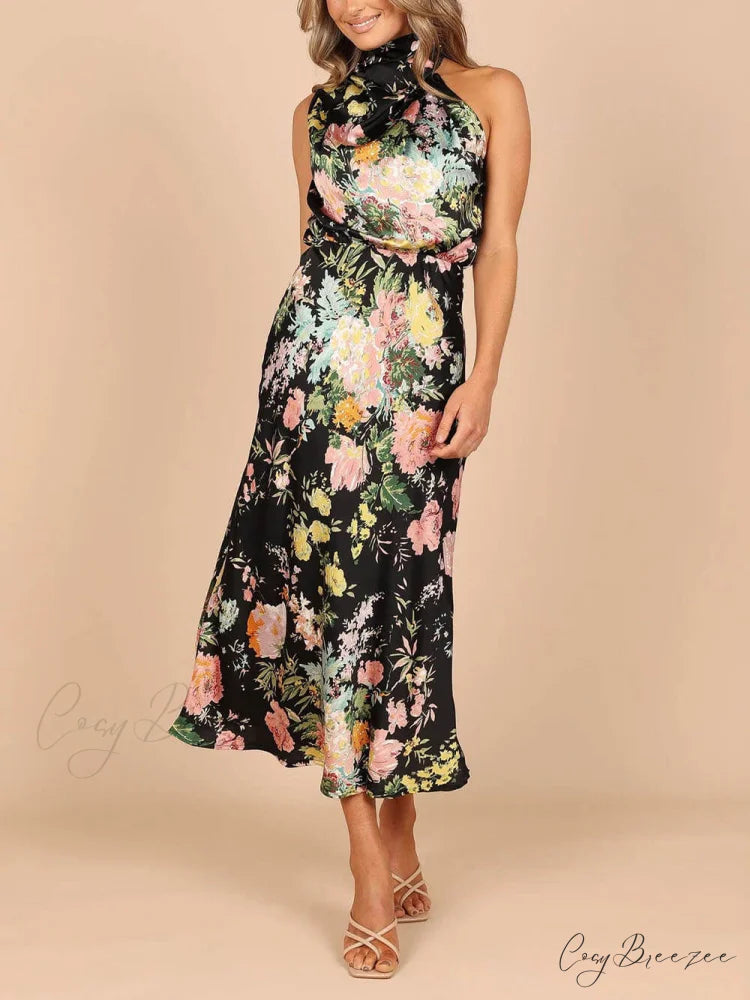 Floral Halter Neck Charming Elastic Waist Maxi Dress