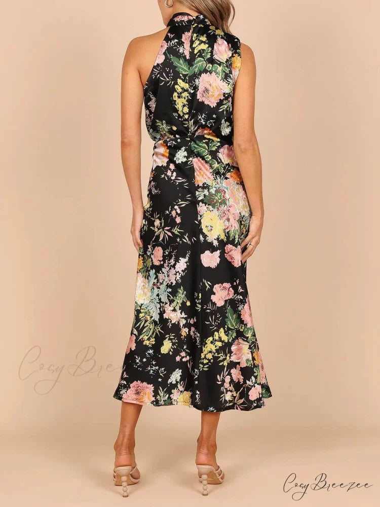 Floral Halter Neck Charming Elastic Waist Maxi Dress