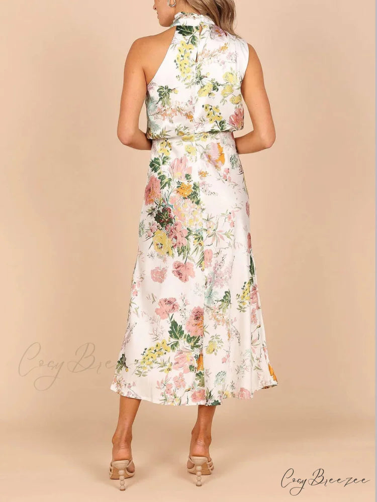 Floral Halter Neck Charming Elastic Waist Maxi Dress