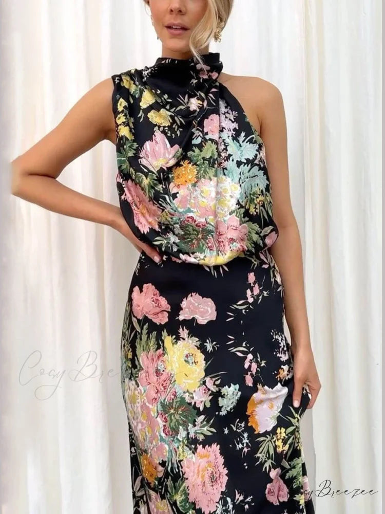 Floral Halter Neck Charming Elastic Waist Maxi Dress Black / S