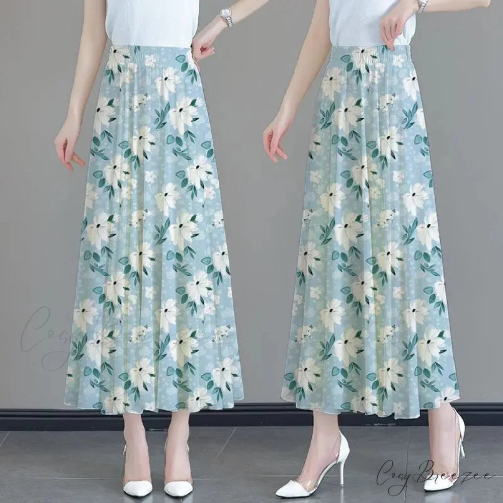 Floral High Waist Patchwork Chiffon Beach Skirt Blue Length 80CM / M skirt-250126