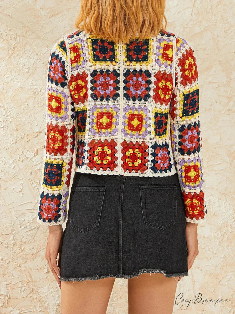 Floral Hollow Out V-Neck Crochet Cardigan cardiagn-250126