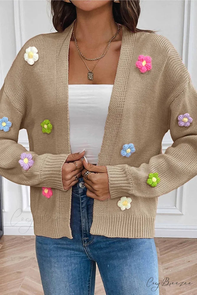 Floral Knitted Long Sleeve Cardigan Camel / S