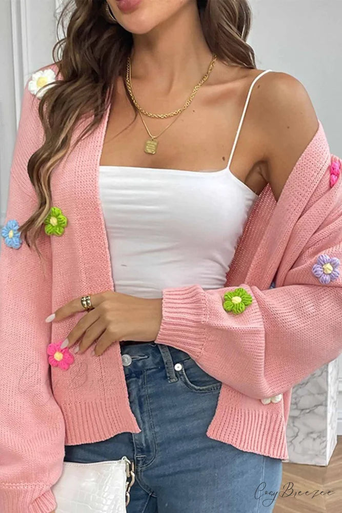 Floral Knitted Long Sleeve Cardigan Pink / S