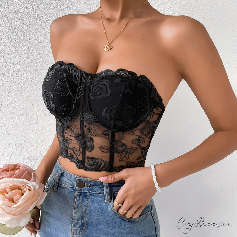 Floral Lace Backless Short Y2K Sexy Crop Top Black / S croptop-250126