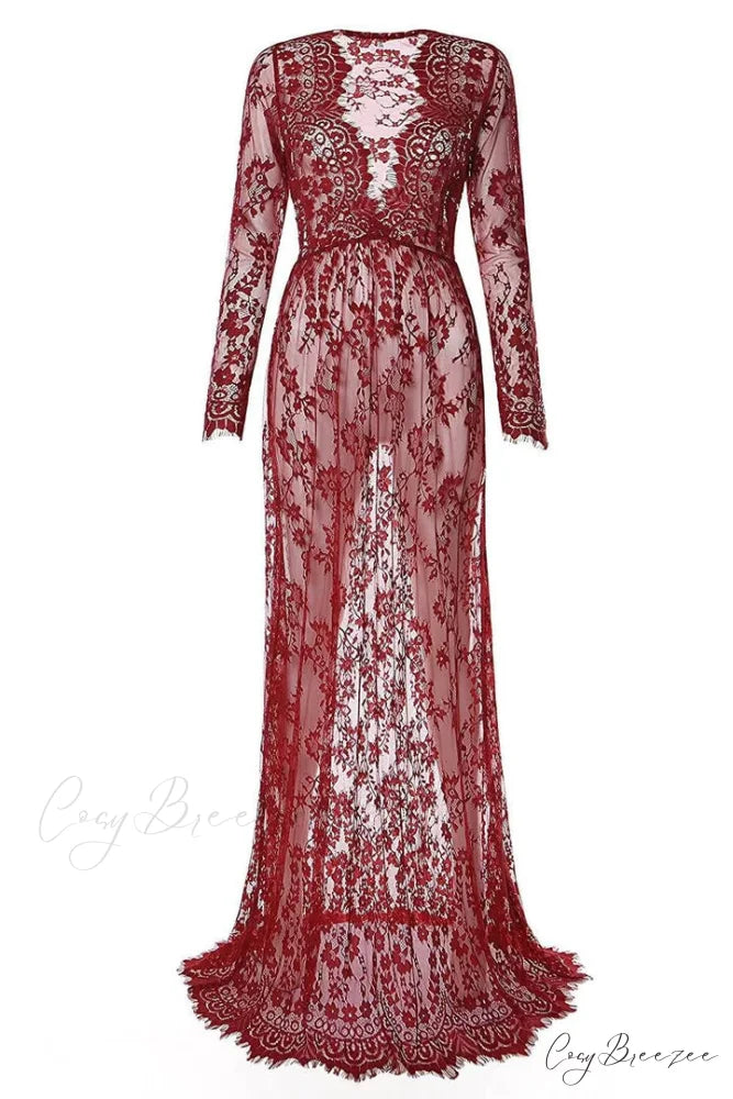 Floral Lace High Waist Slim Long Dress with Sheer Detail S / Blue