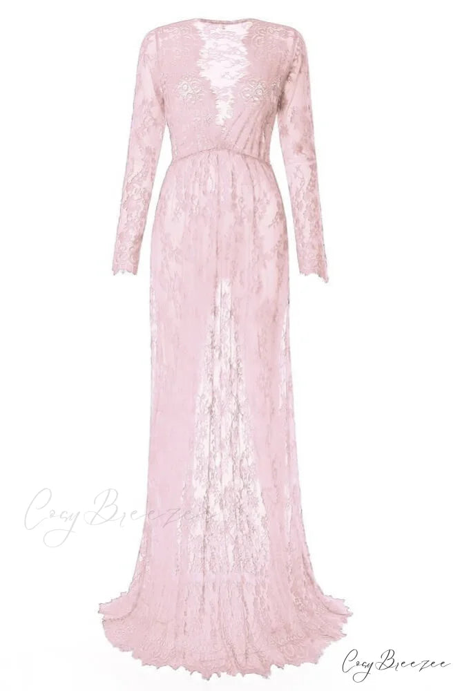 Floral Lace High Waist Slim Long Dress with Sheer Detail S / Navy
