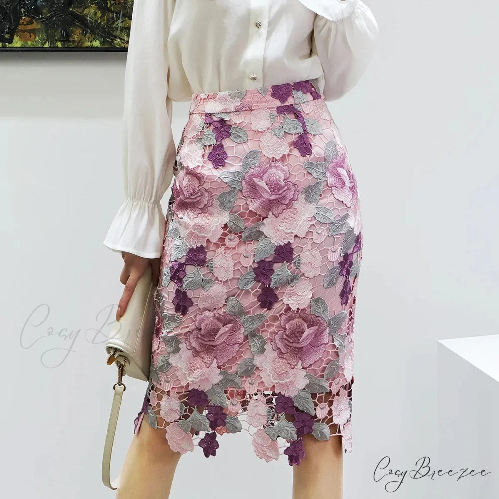 Floral Lace Pencil Skirt for Women Pink / S skirt-250126