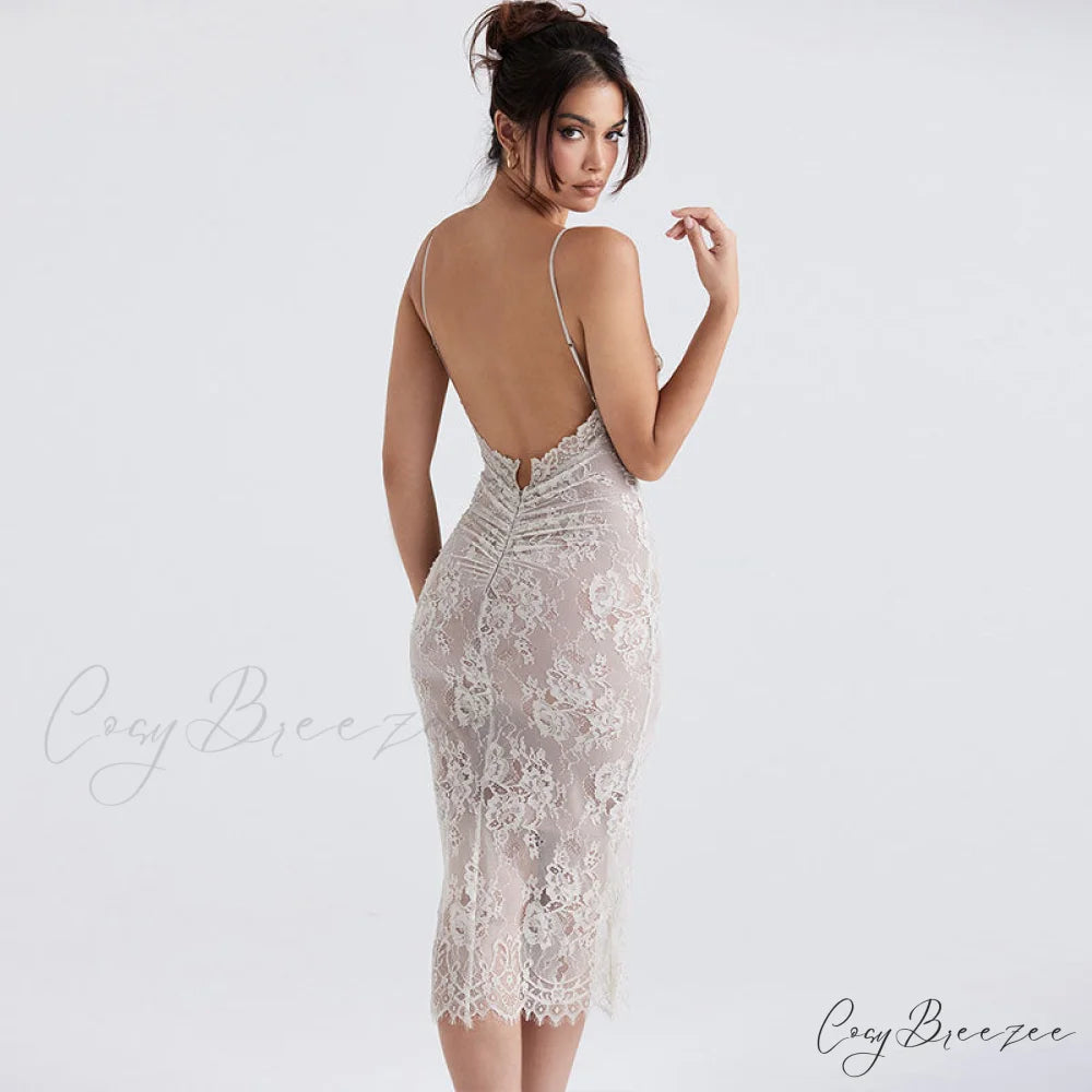 Floral Lace Ruched Tie Back Cap Sophisticated Sleeve Square Neck Mini Sundress - White L / White