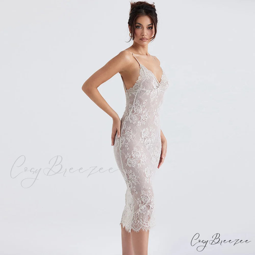 Floral Lace Ruched Tie Back Cap Sophisticated Sleeve Square Neck Mini Sundress - White M / White