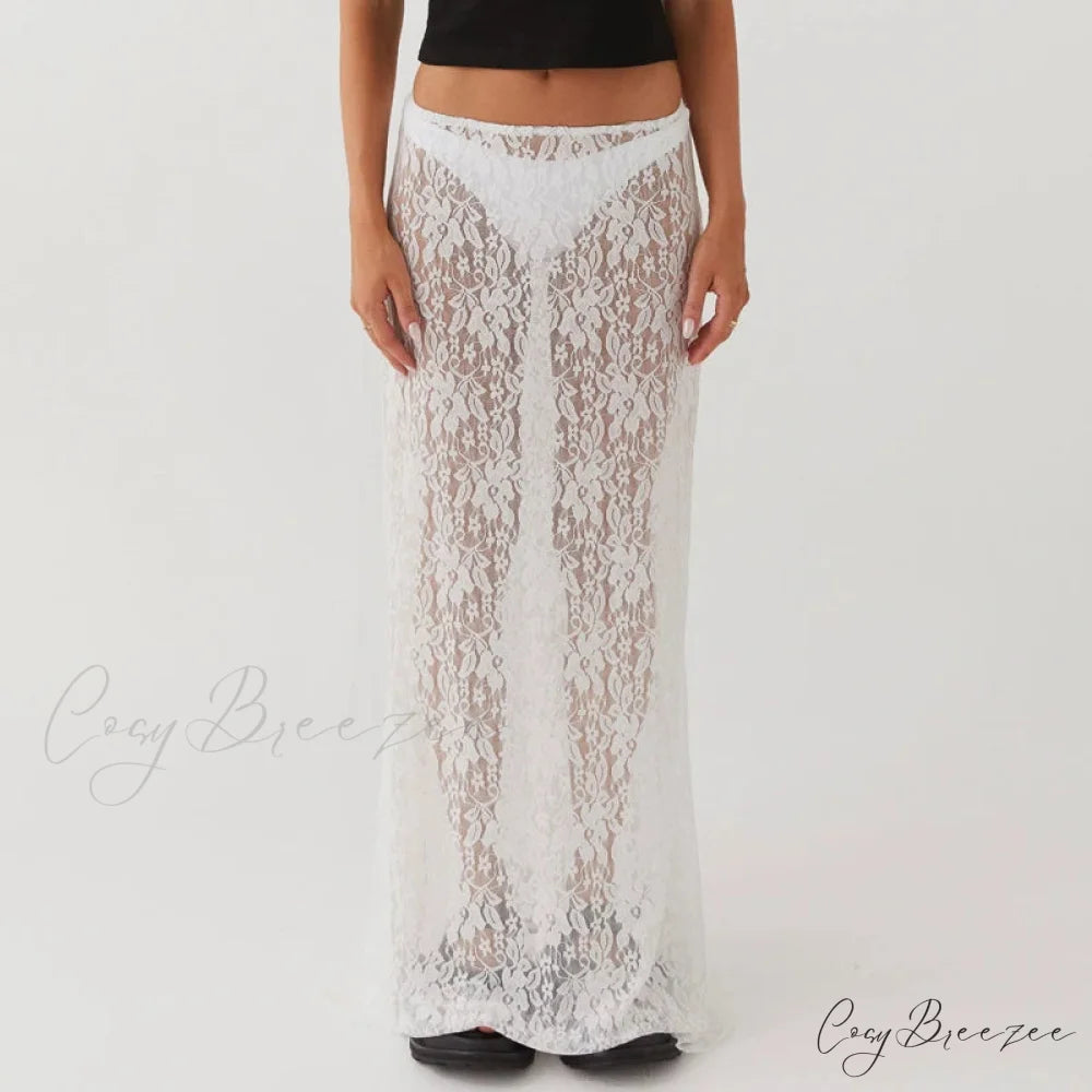 Floral Lace See-Through Short Sleeve Crop Top Long Skirt Two Pieces Set Beige / S twopiecesset-250126