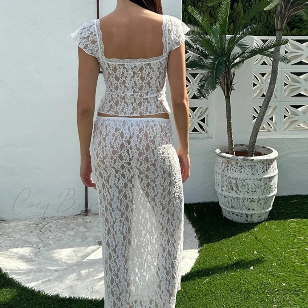 Floral Lace See-Through Short Sleeve Crop Top Long Skirt Two Pieces Set twopiecesset-250126