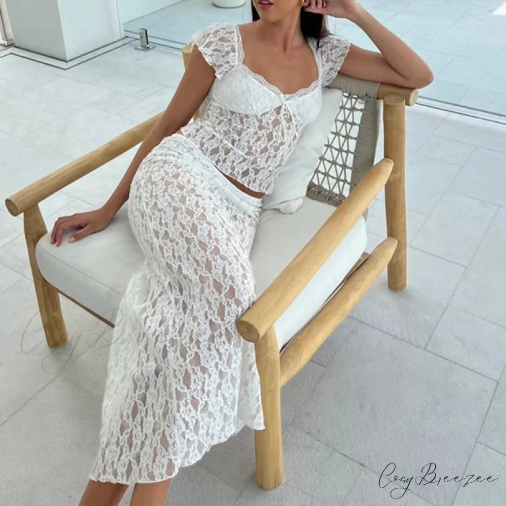 Floral Lace See-Through Short Sleeve Crop Top Long Skirt Two Pieces Set twopiecesset-250126