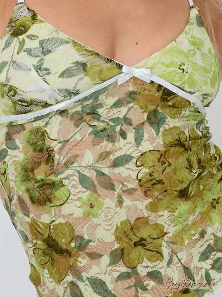 Floral Lace Sheer Spaghetti Strap V-neck Harajuku Crop Top Green / S croptop-250126