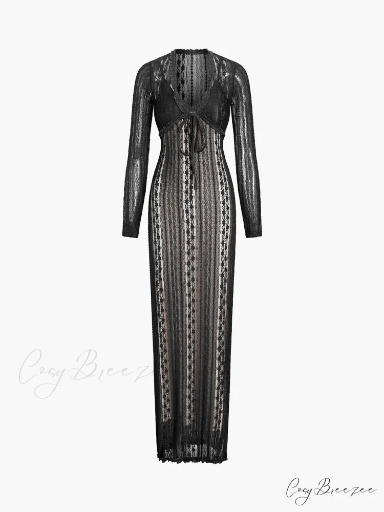 Floral Lace Textured Bolero Modern Two Piece Long Dress Black / XS