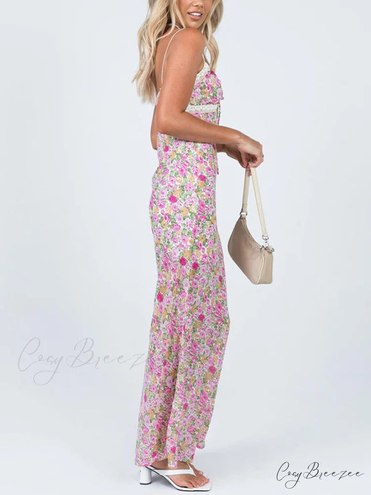 Floral Lace Trim Trendy Checkered Cropped Tank Top