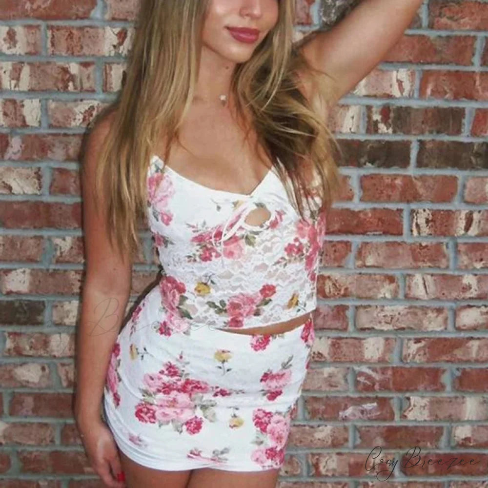 Floral Lace V Neck Spaghetti Strap Crop Top Mini Pencil Skirt Two Pieces Set twopiecesset-250126