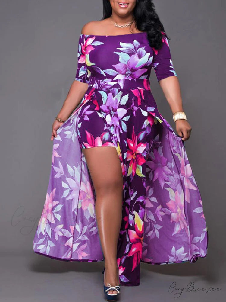 Floral Mesh Graceful Paneled Mini Dress Purple / L