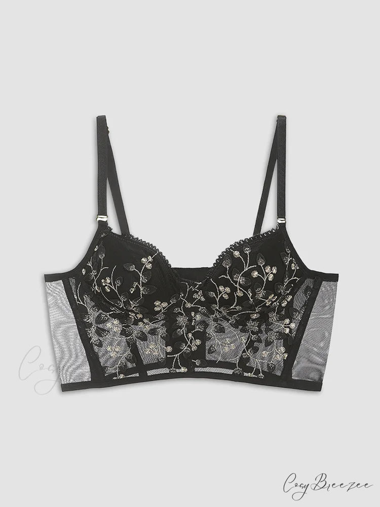 Floral Mesh Lace Trendy Crop Corset Top Black / XS