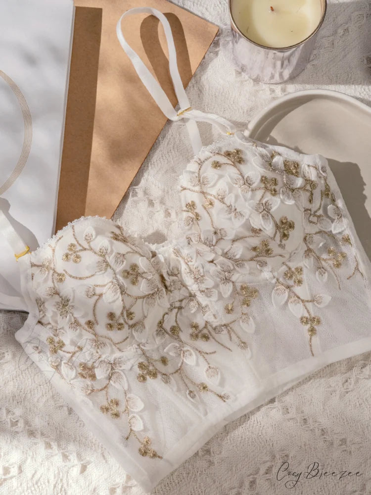 Floral Mesh Lace Trendy Crop Corset Top Off-White / XS