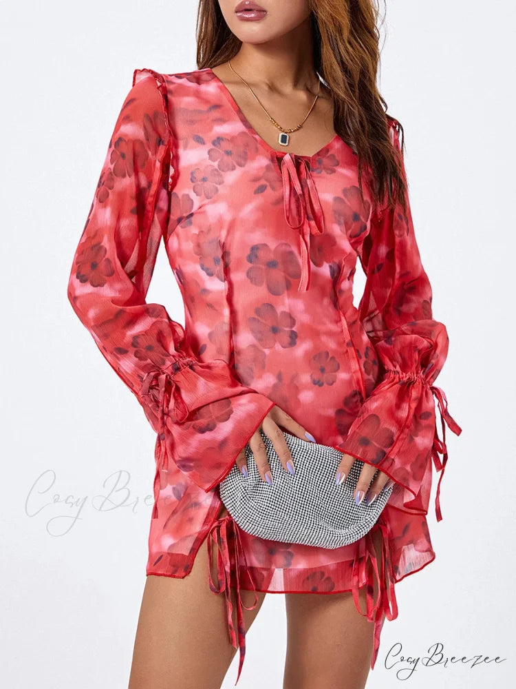 Floral Mesh Mini Dress Elegant Flare Long Sleeve Split Hem Dress floraldress-250126