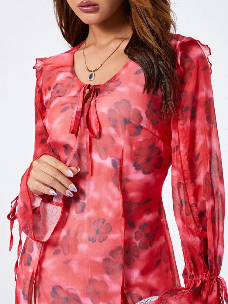 Floral Mesh Mini Dress Elegant Flare Long Sleeve Split Hem Dress floraldress-250126