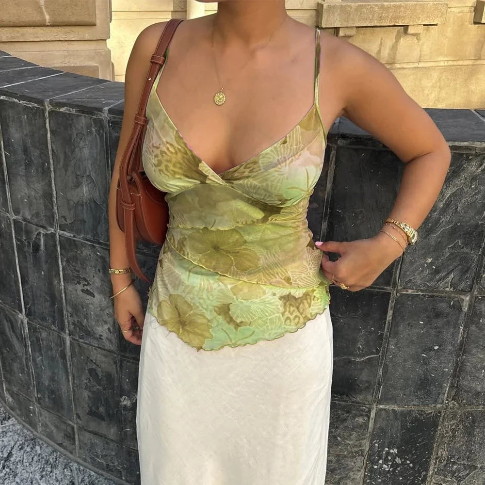 Floral Mesh Spaghetti Crop Top green / S croptop-250223