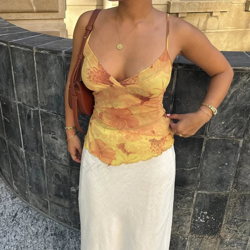 Floral Mesh Spaghetti Crop Top yellow / S croptop-250223