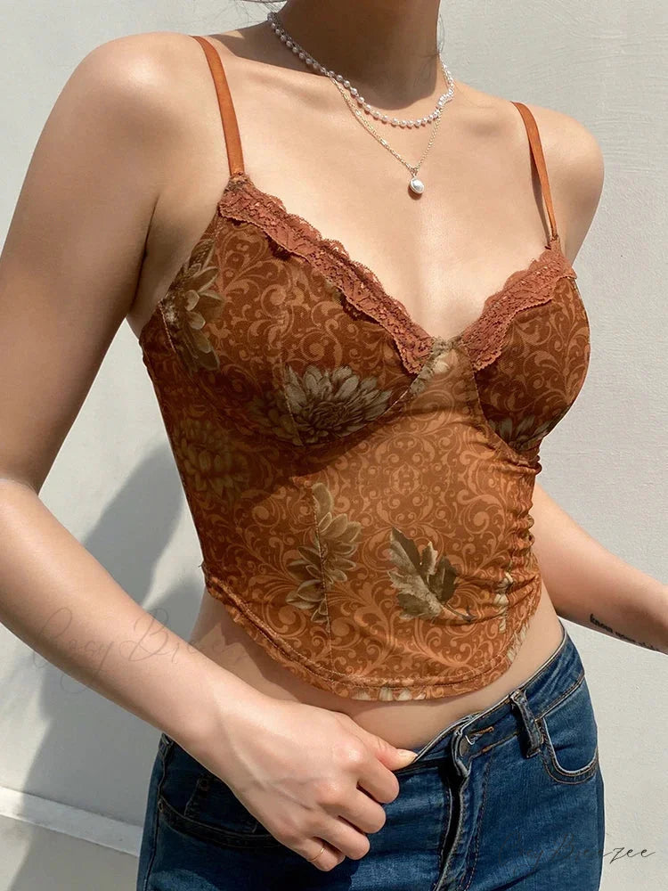 Floral Mesh Vintage Aesthetic Y2K Crop Top croptop-250126