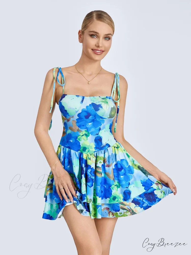 Floral Mini Dress Spaghetti Strap Ruffle Hem Blue / S floraldress-250126