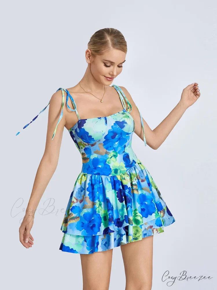 Floral Mini Dress Spaghetti Strap Ruffle Hem floraldress-250126