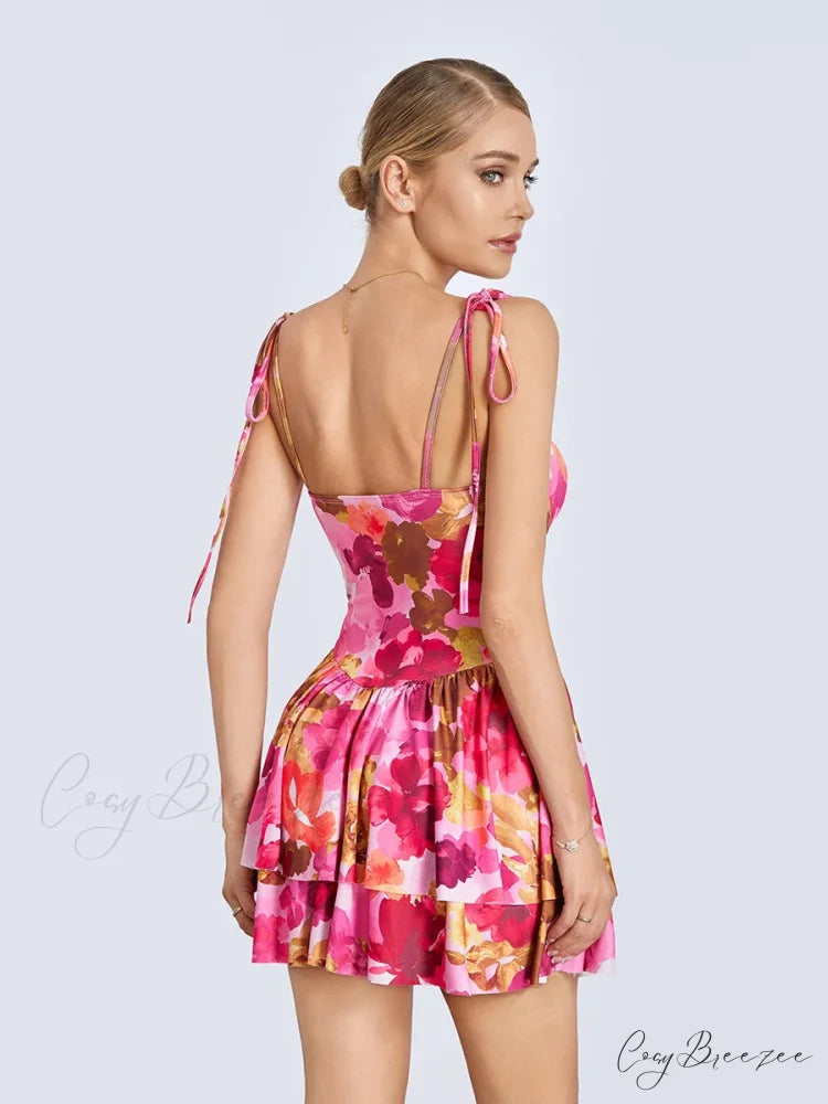 Floral Mini Dress Spaghetti Strap Ruffle Hem floraldress-250126