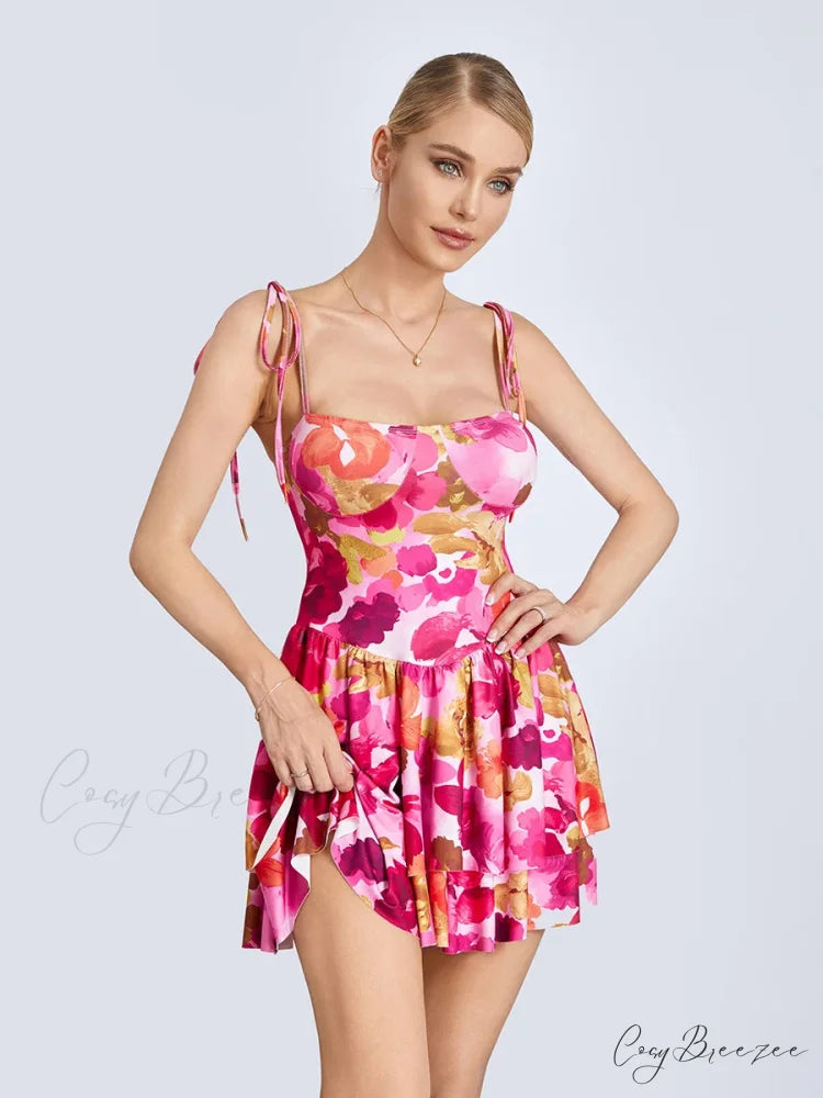 Floral Mini Dress Spaghetti Strap Ruffle Hem Pink / S floraldress-250126