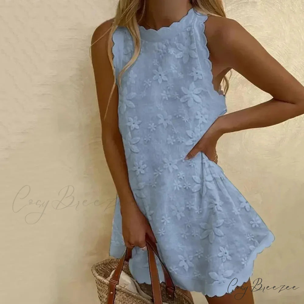 Floral Off-Shoulder Embroidery Loose Hem Dress Blue / S floraldress-250126