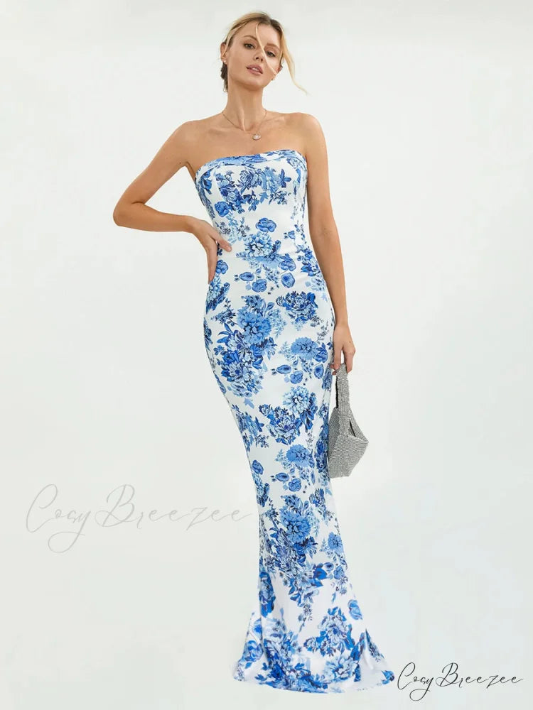 Floral Off-Shoulder Tube Bandeau Slit Bodycon Beach Holiday Dress BLUE / S floraldress-250126