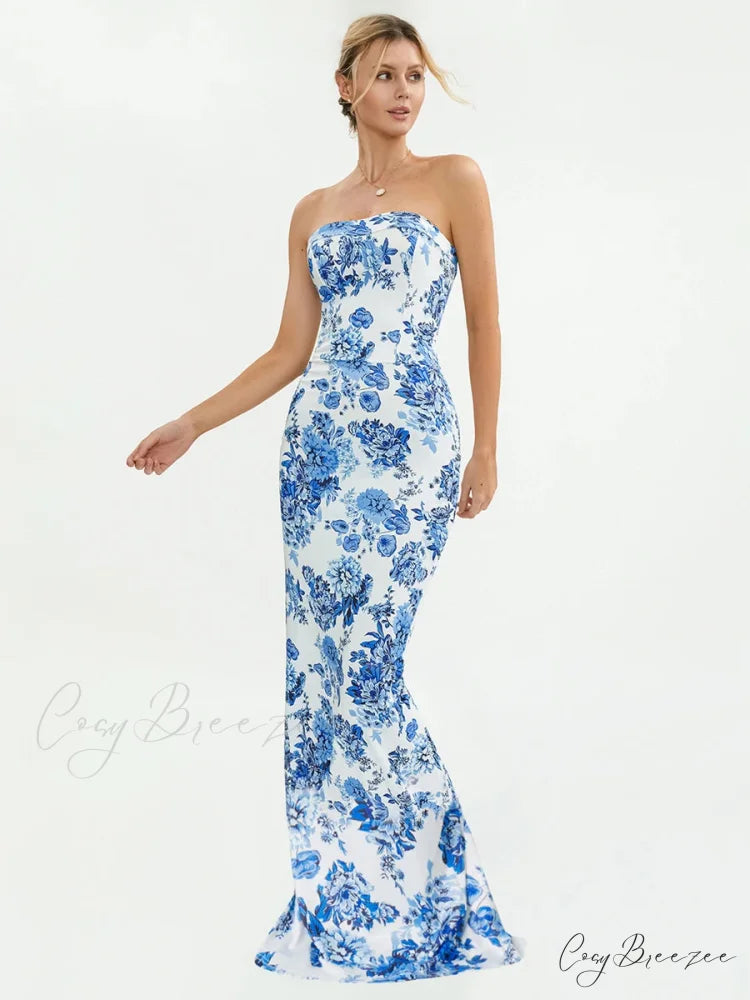 Floral Off-Shoulder Tube Bandeau Slit Bodycon Beach Holiday Dress floraldress-250126
