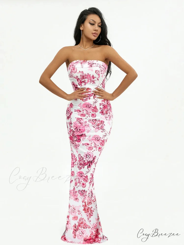 Floral Off-Shoulder Tube Bandeau Slit Bodycon Beach Holiday Dress floraldress-250126