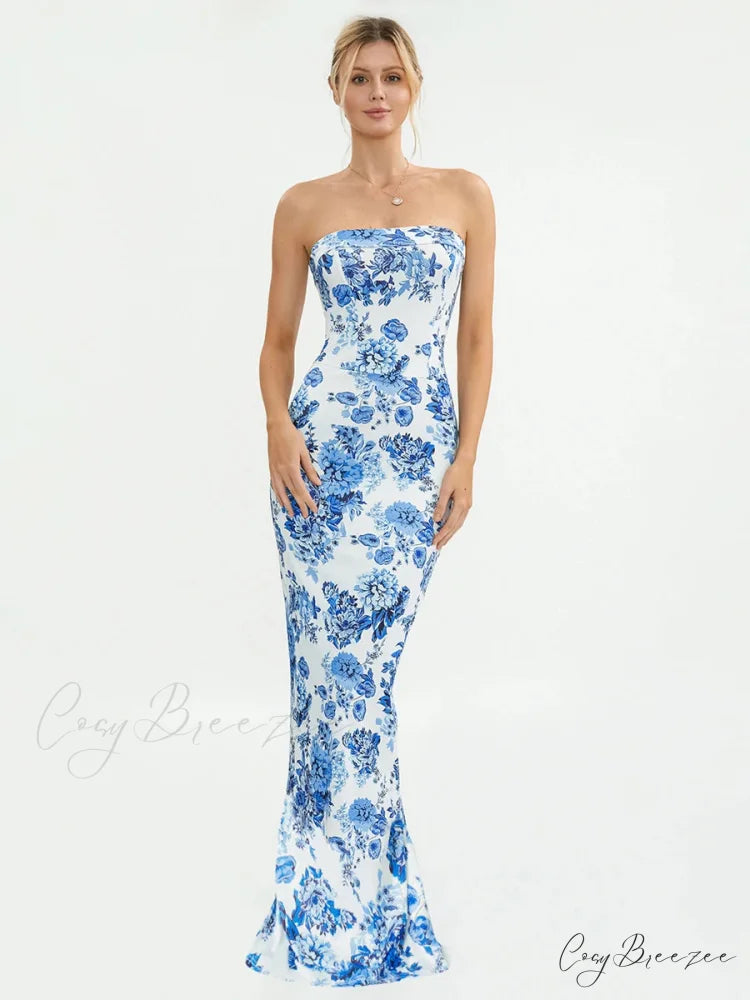 Floral Off-Shoulder Tube Bandeau Slit Bodycon Beach Holiday Dress floraldress-250126