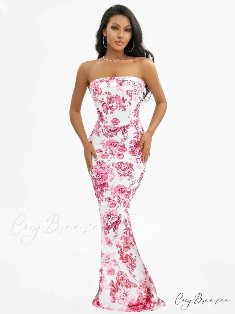 Floral Off-Shoulder Tube Bandeau Slit Bodycon Beach Holiday Dress PINK / S floraldress-250126