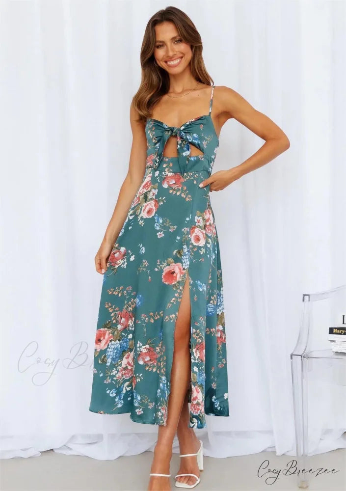 Floral Passion Stylish Ruffled Midi Dress GREEN / S
