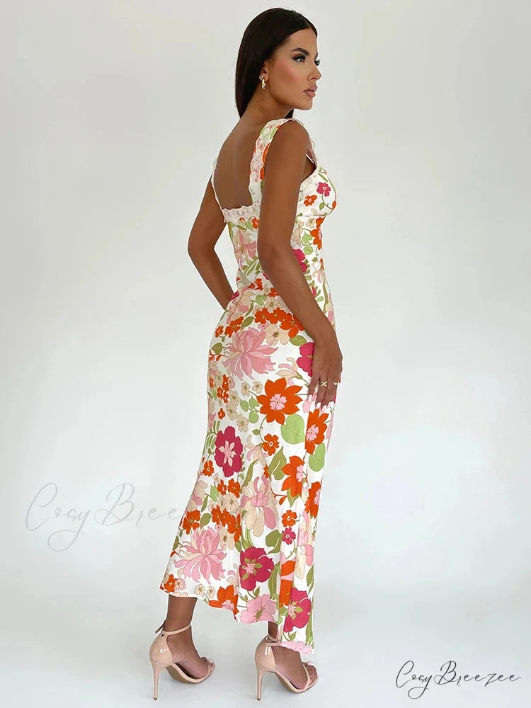 Floral Print Backless V-neck Bodycon Maxi Dress floraldress-250126