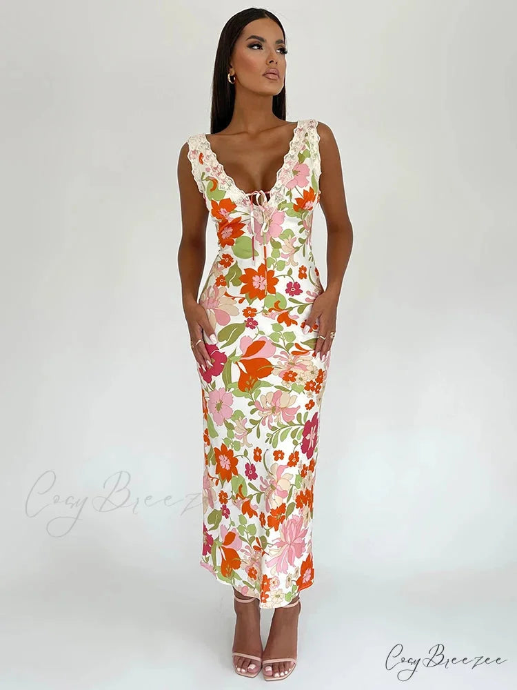 Floral Print Backless V-neck Bodycon Maxi Dress floraldress-250126