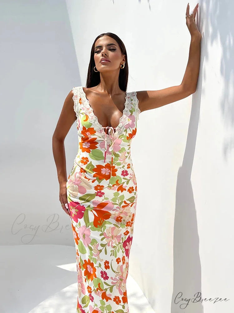 Floral Print Backless V-neck Bodycon Maxi Dress floraldress-250126