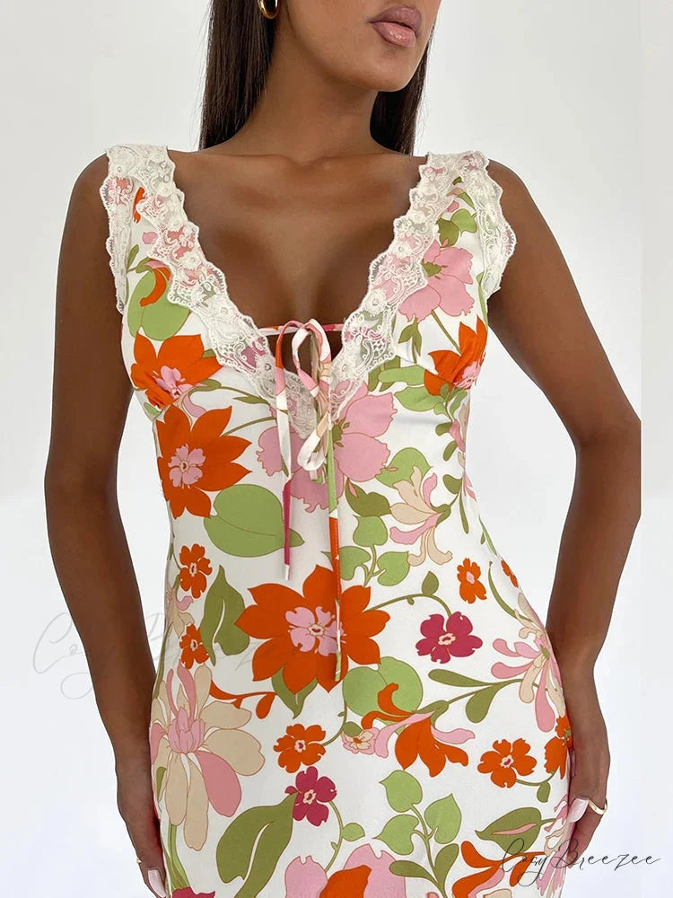 Floral Print Backless V-neck Bodycon Maxi Dress floraldress-250126